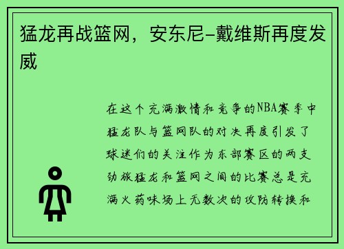 猛龙再战篮网，安东尼-戴维斯再度发威
